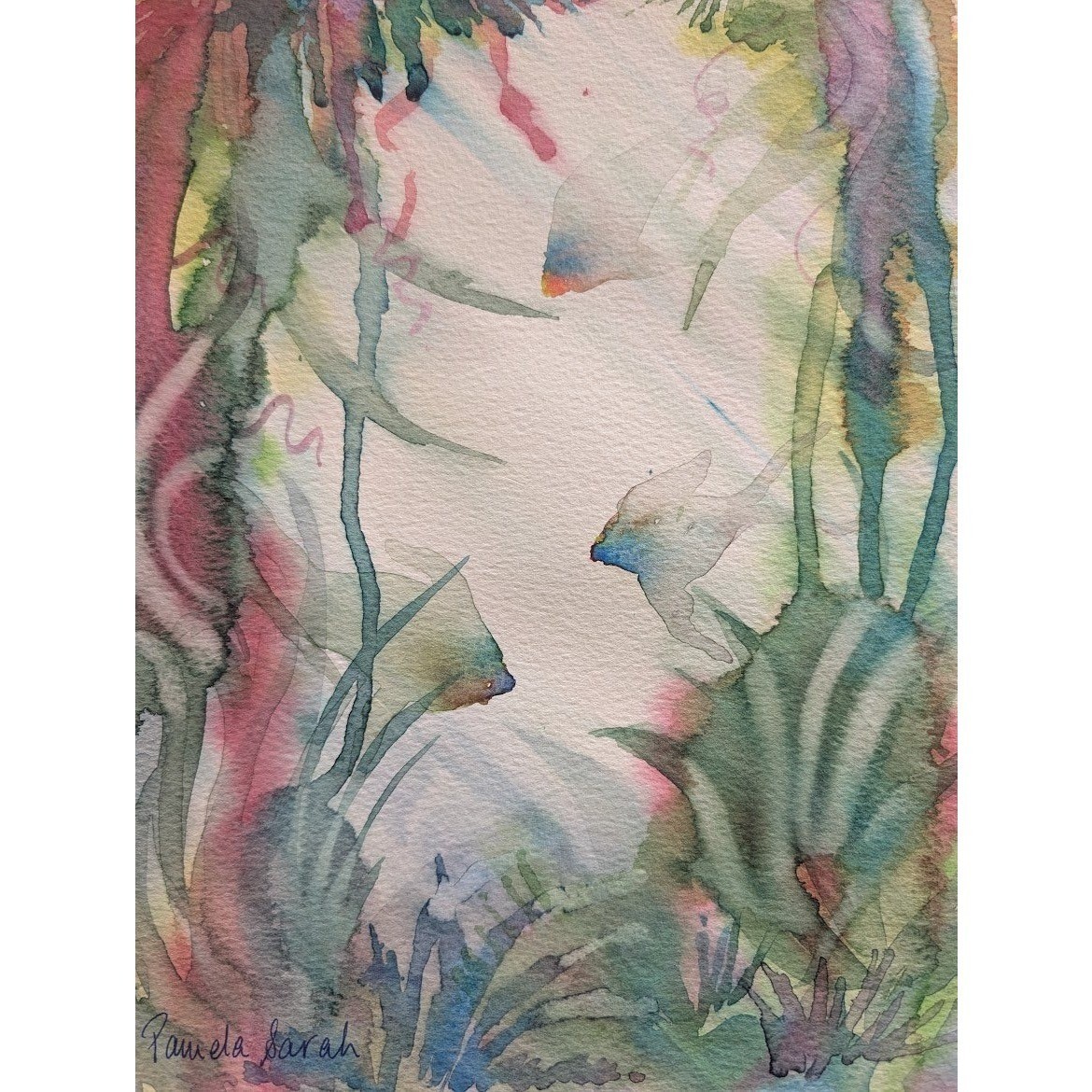 Vintage 70s Watercolor Painting Abstract 9×12 Fish Marine Life Reef Ocean Signed