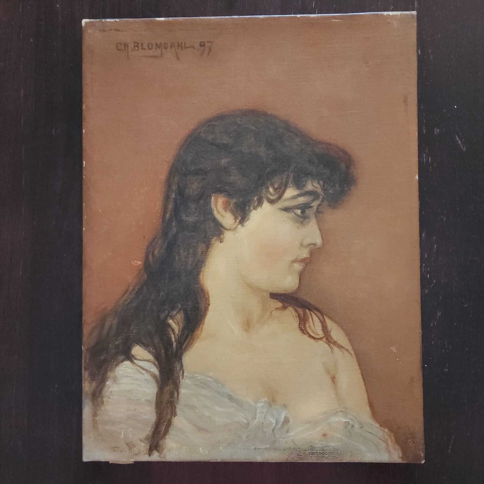 Antique 1897 Oil Painting Portrait Woman Signed Blumdahl Pre-Raphaelite Style