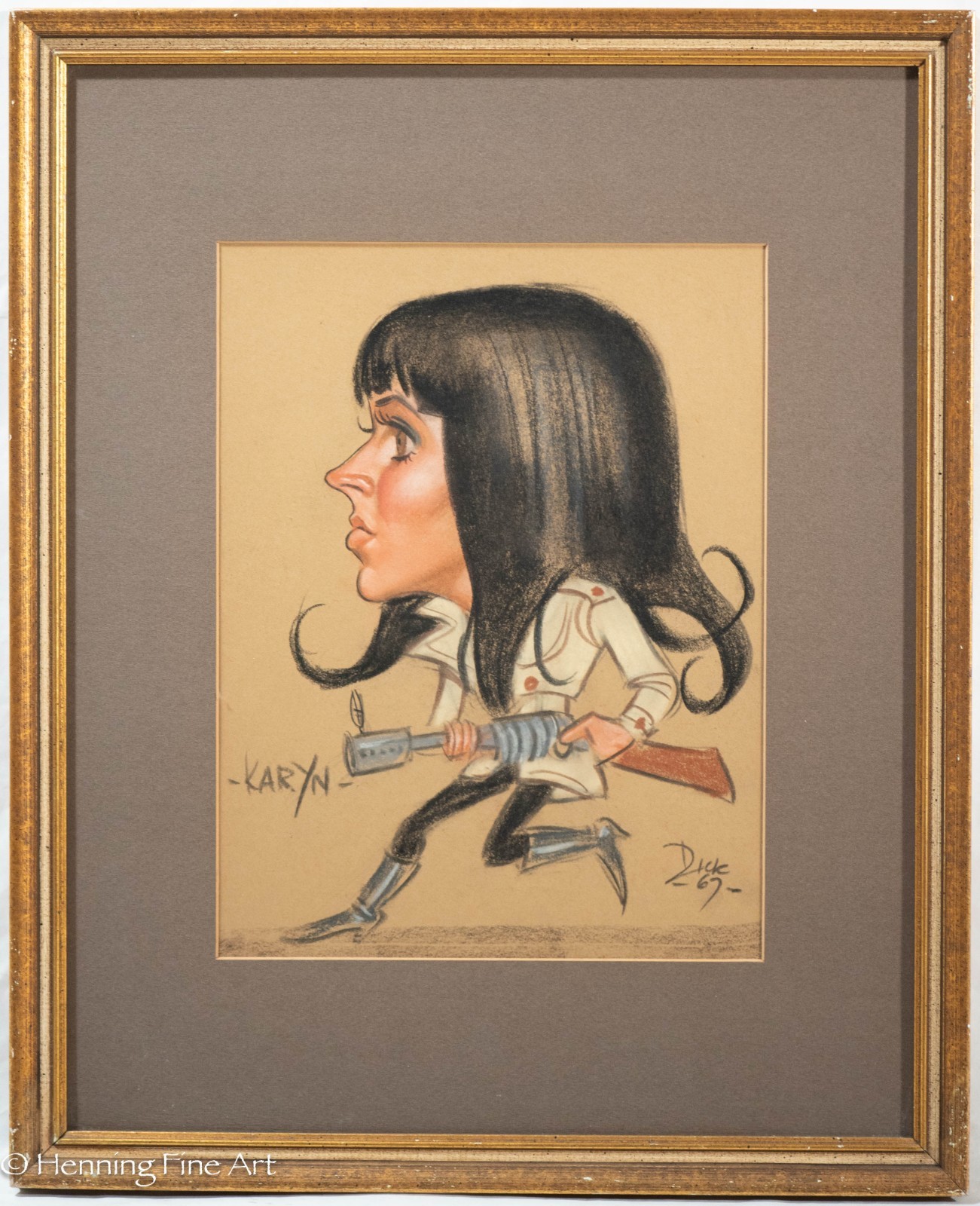 Stunning Mid Century Female Caricature Portrait, Black Hair in Boots Karyn 1967