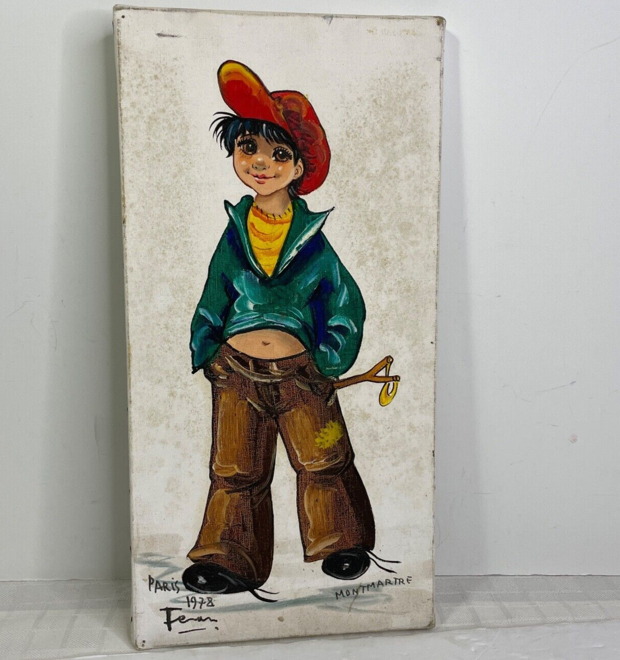 Big Eyes Boy Oil Painting 1950s Canvas Paris Montmartre Slingshot Cap MCM 8×16