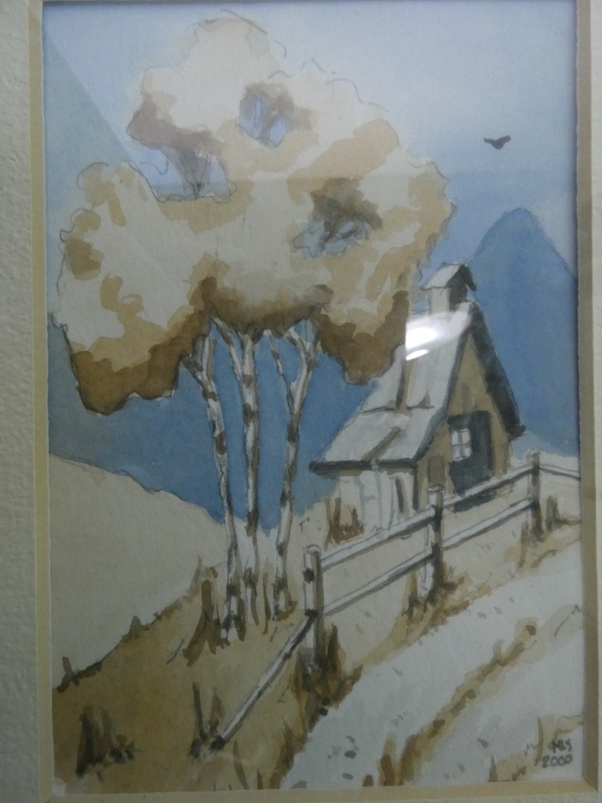 Original water color art Cabin on a hillside Blue with shades of beige & brown