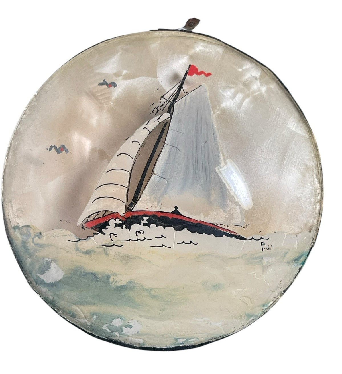 Convex Acrylic Reverse Painted Signed P.W. Vintage Wall Hanging