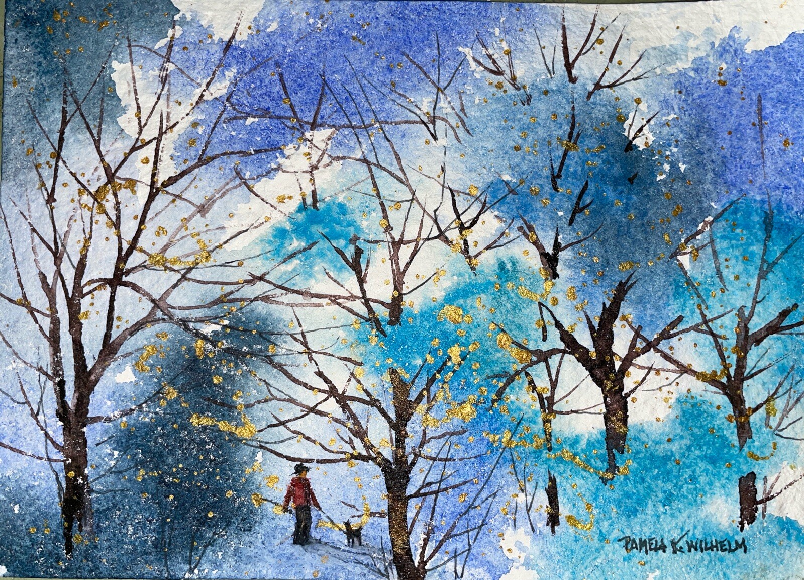 Pamela Wilhelm original Watercolor 5”x7” Whimsical Forest Dog Man Trees Trail