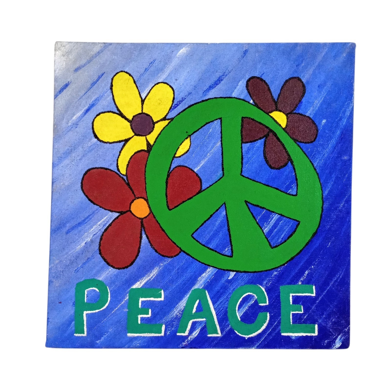 VTG 1960s Original Painting PEACE Sign Art Canvas Flower Power Hippie Signed 12″