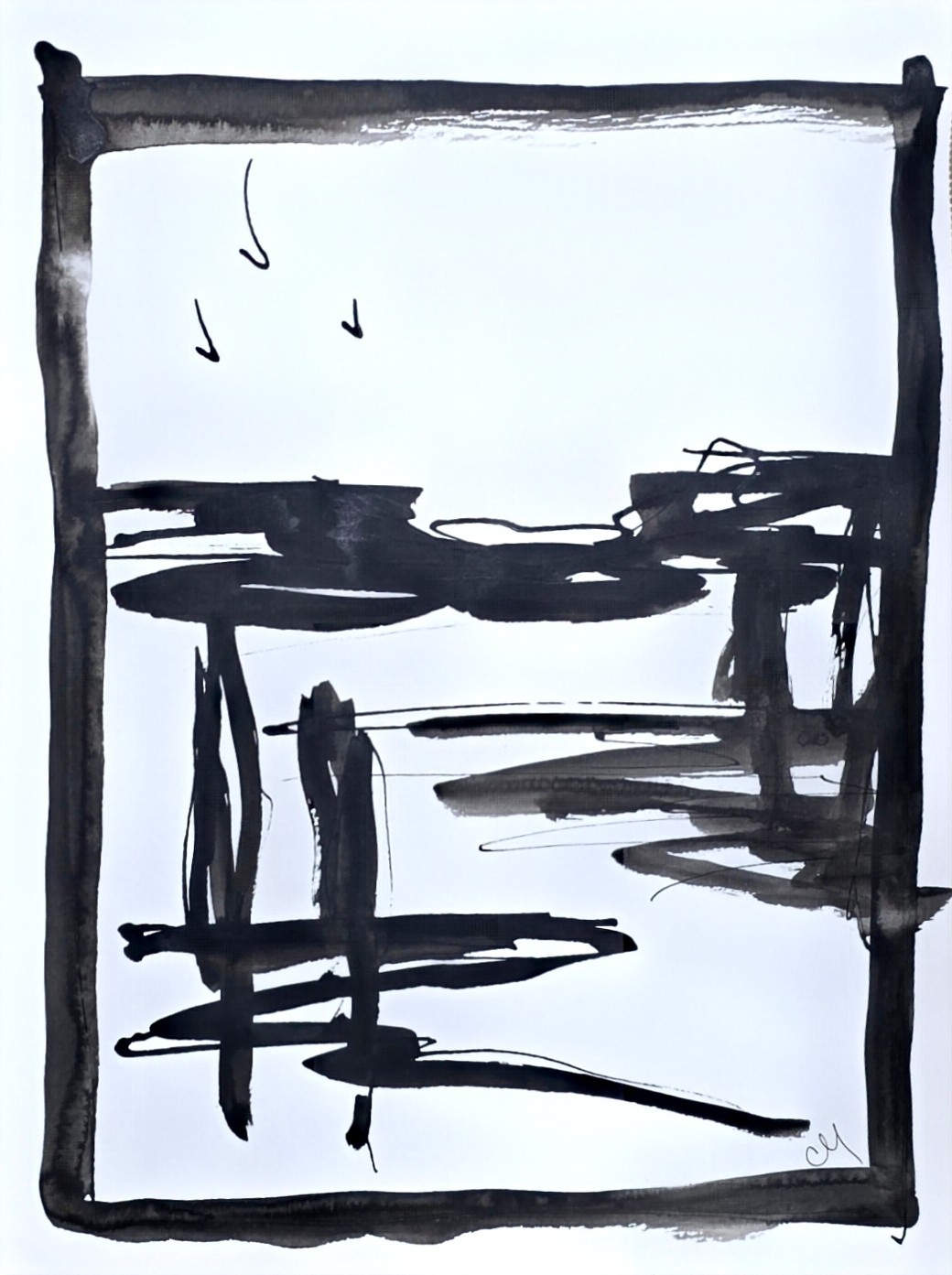 Original Minimalist 9×12 Acrylic Landscape Painting Black White Paper Signed Art