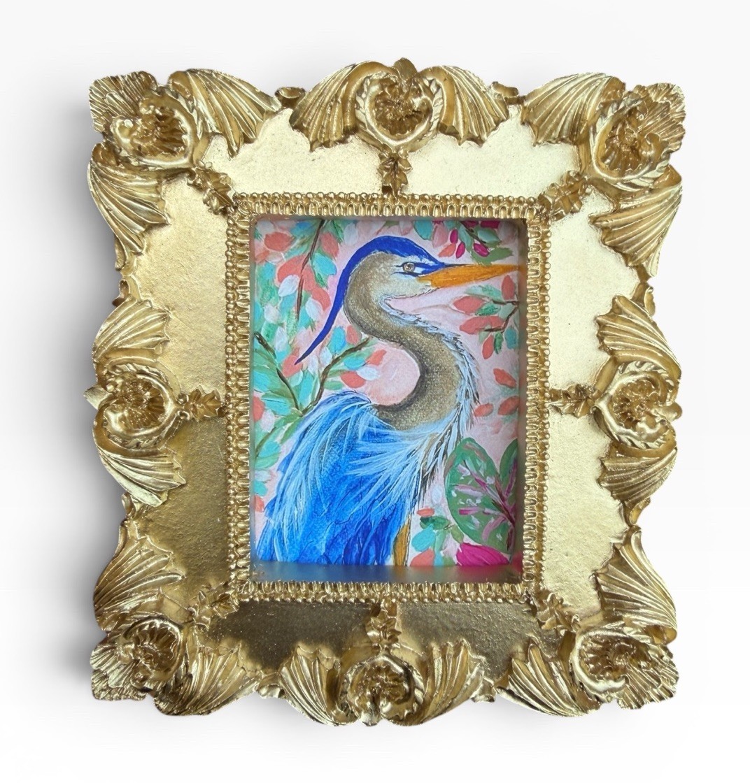 Blue Heron mini watercolor bird print of original painting, vintage ornate frame