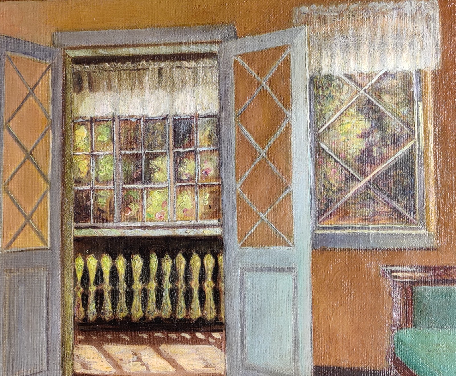 COSY INTERIOR WITH SUNLIT VERANDA, antique oil painting, dated 1904
