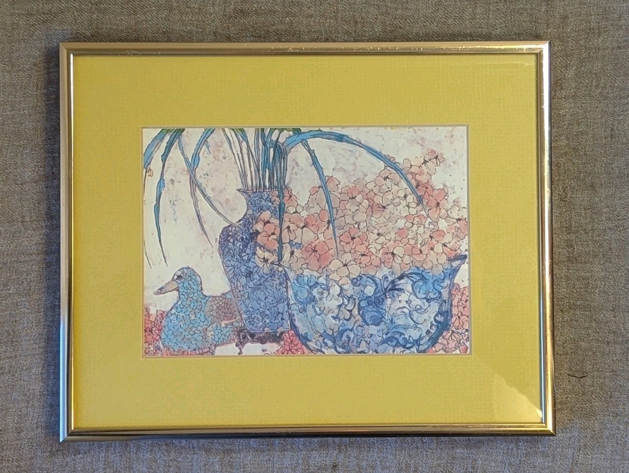 August Grove Duck Floral Pond III Framed Art Print 10×8 Chinoiserie Blue Yellow