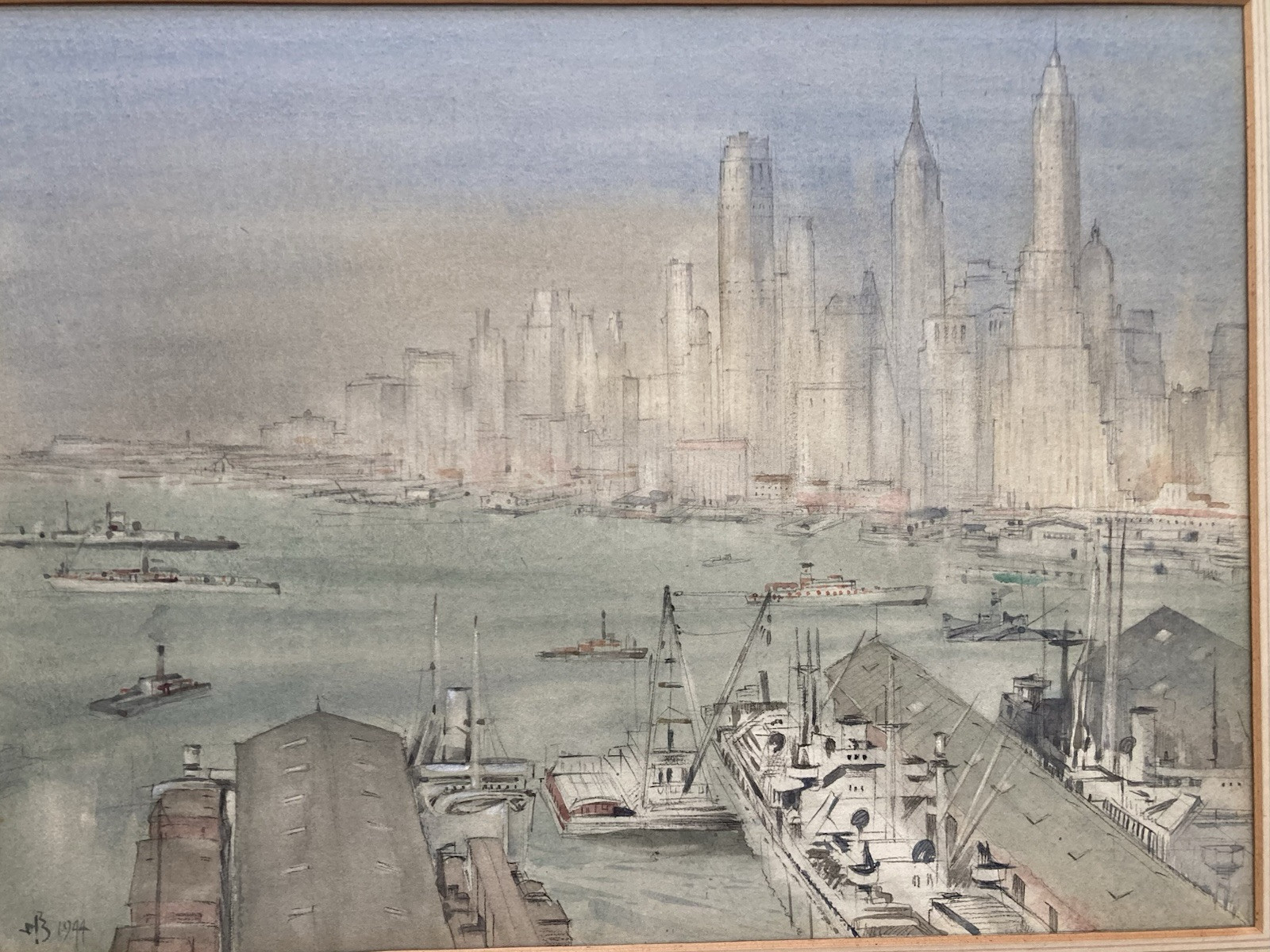 New York Harbor Painting WILLIAM BOWER DALTON 1944 Watercolor Skyline WWII Ships