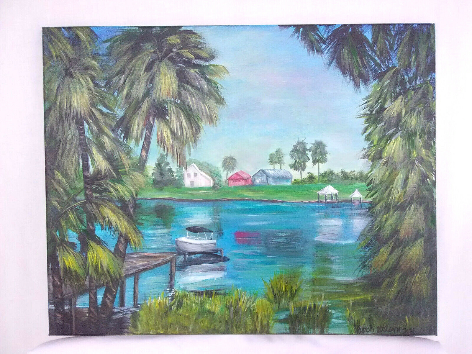 Original Acrylic Painting Beach House Lagoon Boat 16×20 Stretched Canvas Art