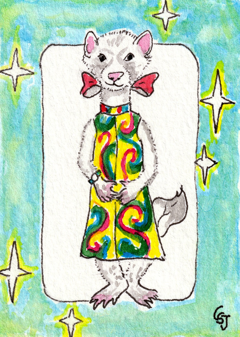 ACEO Original Painting Ferret 1960s Fashion Watercolor Animal Art by CS Jackson
