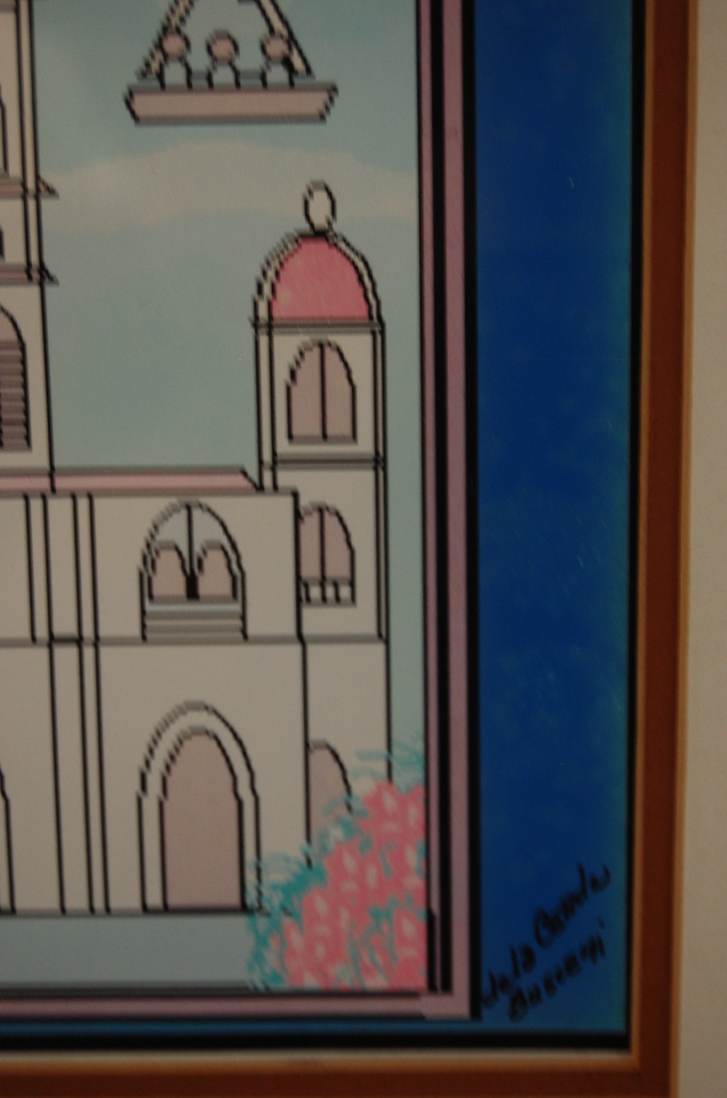 FRAMED SIGNED DE LA CERDA BUSEMI WATERCOLOR PEN CUBAN ART COBRE CHURCH & VIRGIN