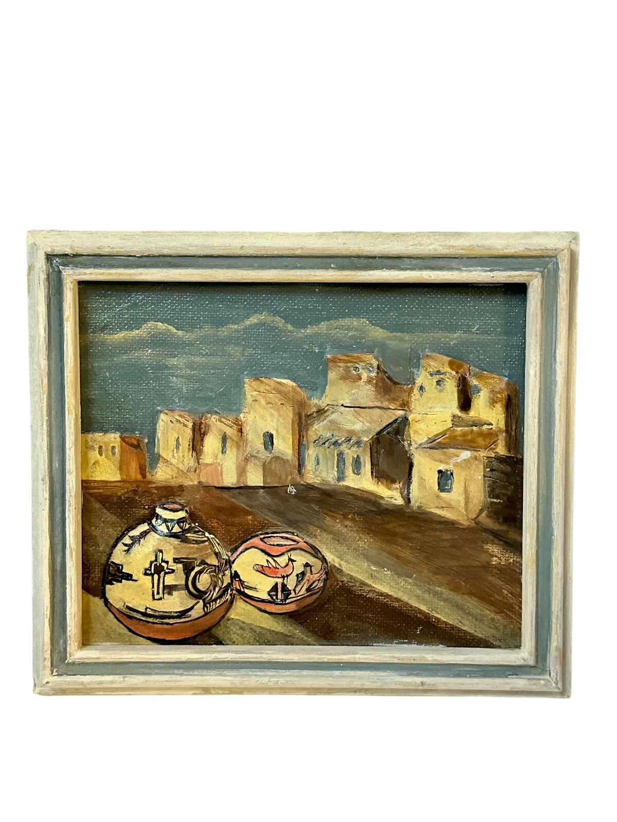 Acrylic Mixed Media Painting of Indian Pueblo Village By Lita Cobb Small 6×7”