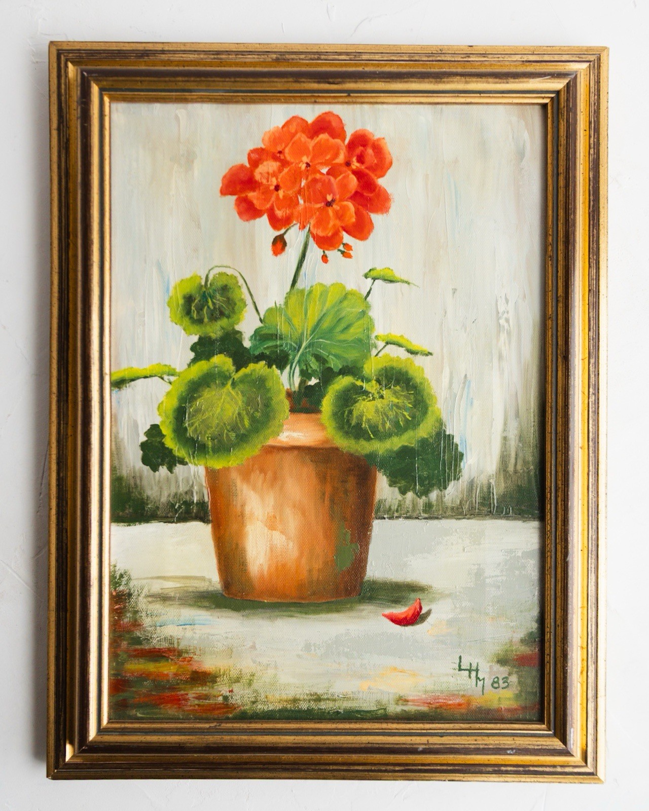 VTG Original Signed Still Life Oil Painting on Canvas Potted Geranium Gold Frame