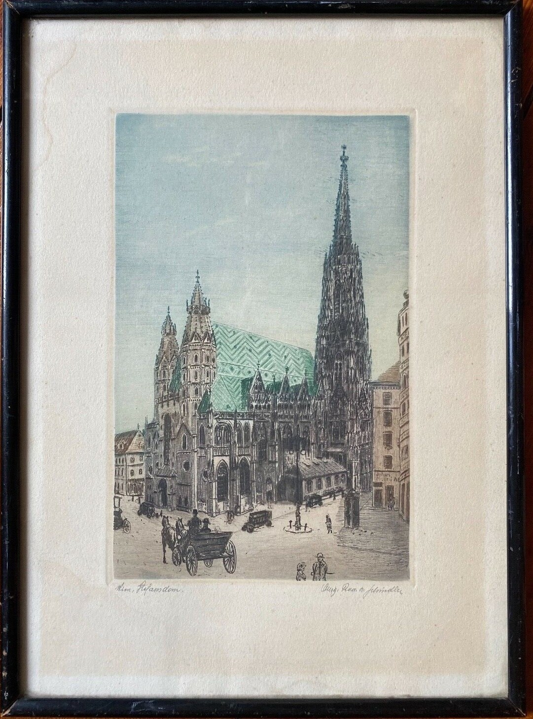 Stephansdom Vienna Austria Colored Etching Signed Antique Frame Carriage