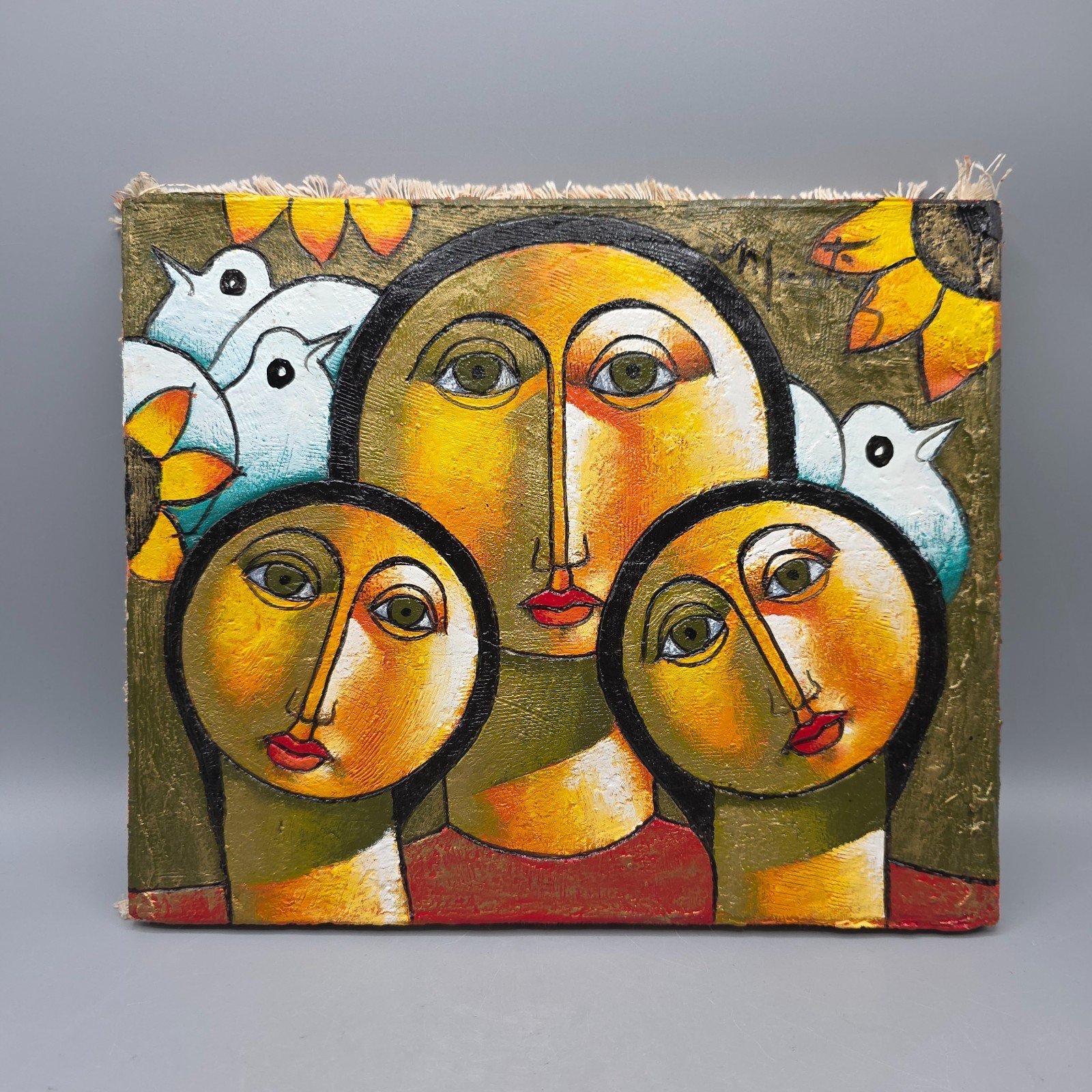 VTG Rafael MARTÍNEZ-Rostro Girls with Doves Signed Oil Painting 10.1″ x 12.1″