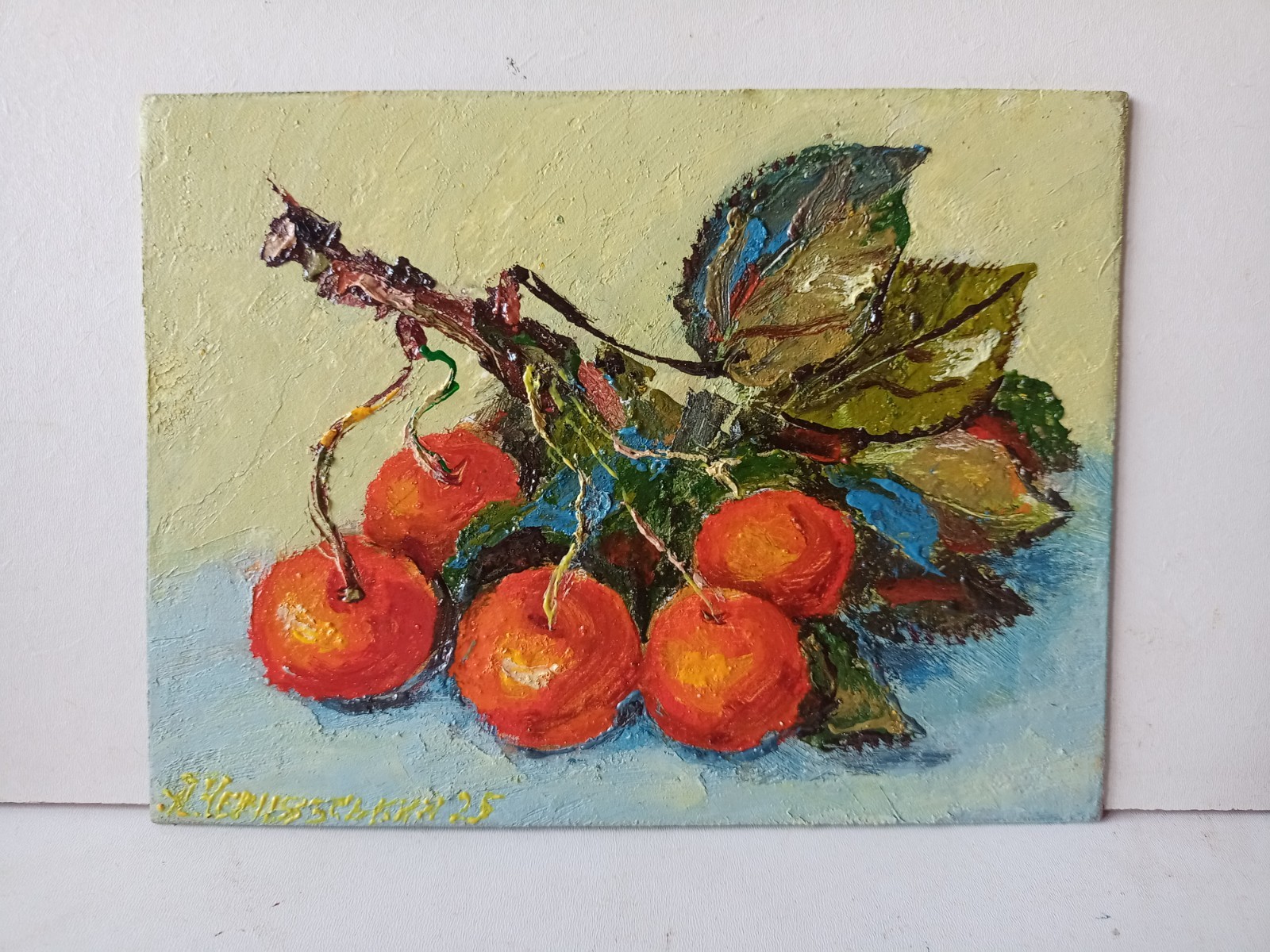 Cherries Impasto Painting Original Art Impression Oil Painting 5.2 x 6.8 in