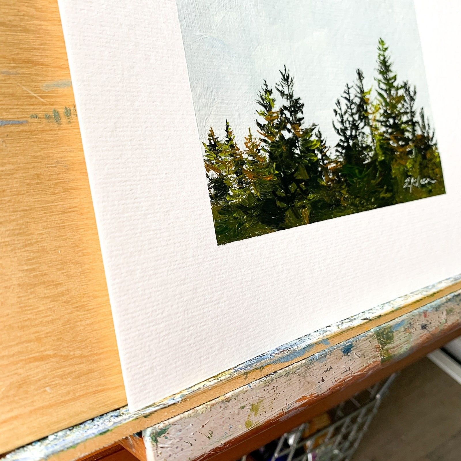 8×8 PNW Original Oil Painting Landscape Pine Trees Nature Forest Minimal Signed