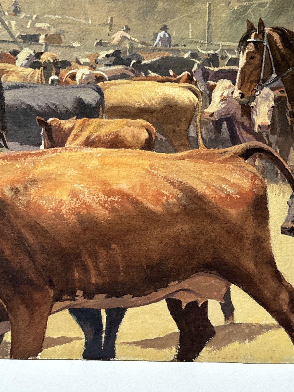 VINTAGE COWBOY PAINTING WESTERN RANCH COWBOYS FARM FARMING AMERICAN COWS