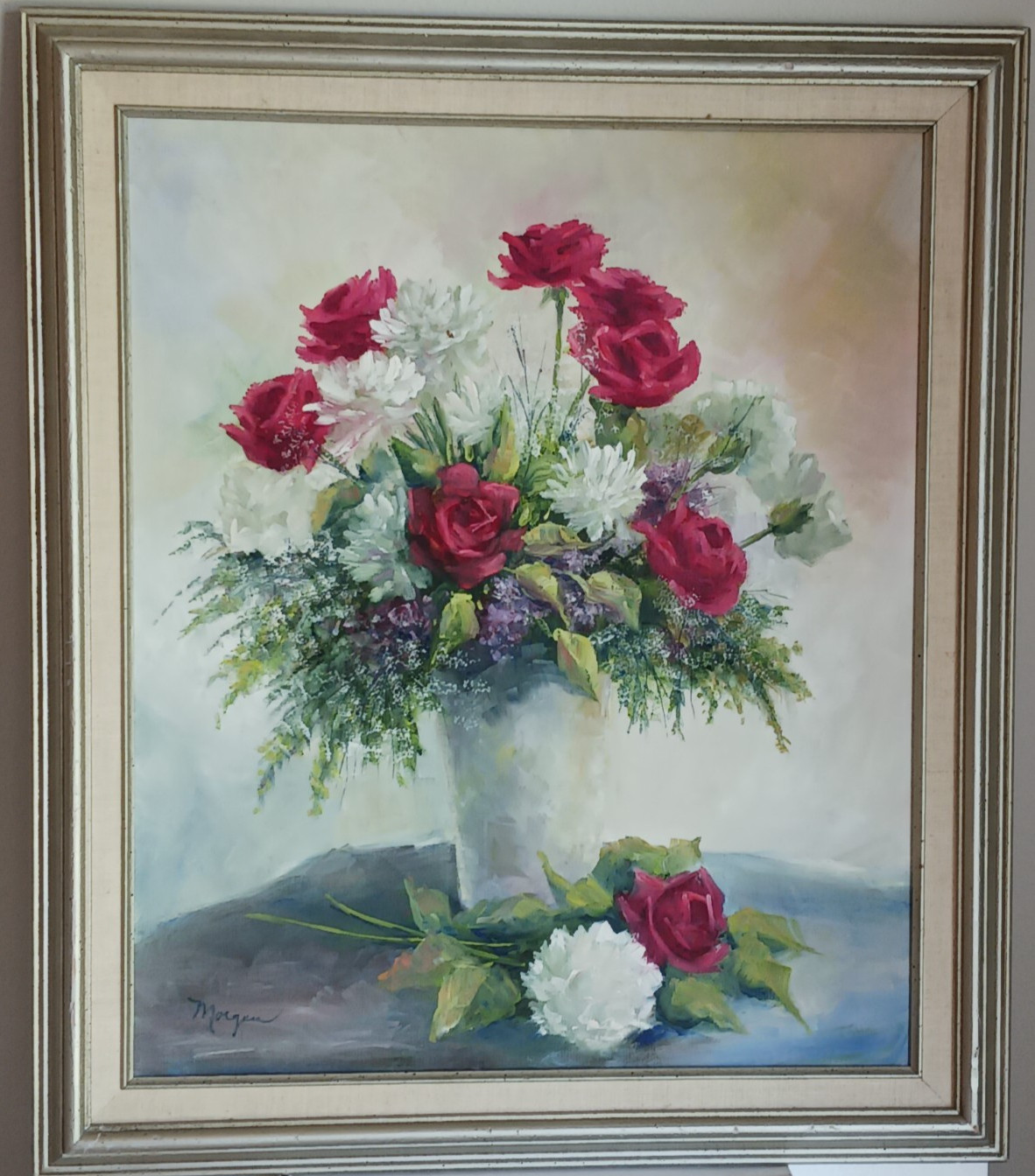 Vintage Oil Painting floral impressionist red roses white peonies signed