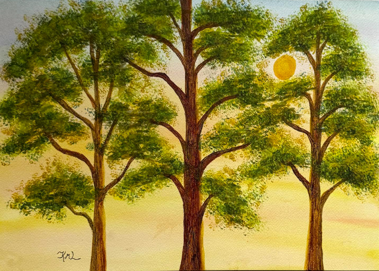 PAINTING WATERCOLOR TREES SUNRISE LANDSCAPE GREEN YELLOW 11X14 & MAT 16X20 ART