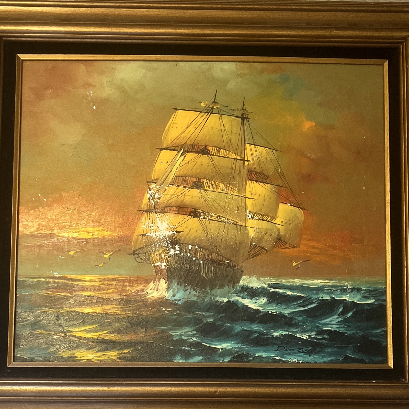 David Curry Framed Signed Realism Seascape Ship Painting on Canvas Nautical
