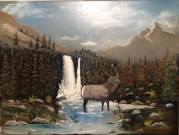 16 x 20 Oil painting on canvas of Elk at waterfall, unframed -signed by artist