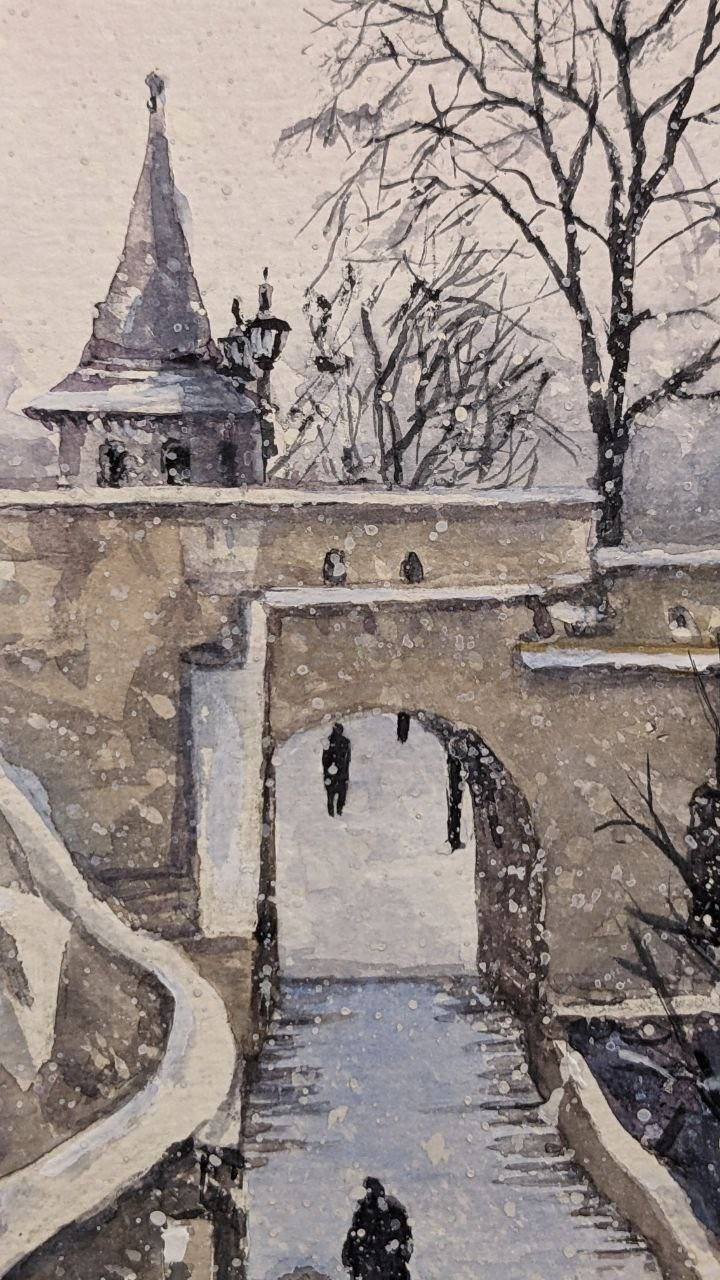 Winter Cityscape Painting European Castle Snowy Town Artwork Christmas Holiday