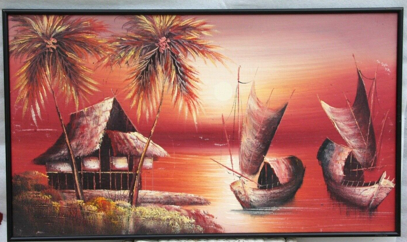 painting sea red sunset tropical ocean huts palm tree boats seaside 82 x 48 cm B