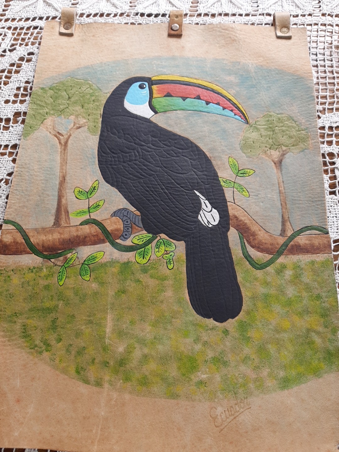 Vintage Toucan Bird Vibrant Painting On Leather Wall Hanging 13″x 9″ Ecuador