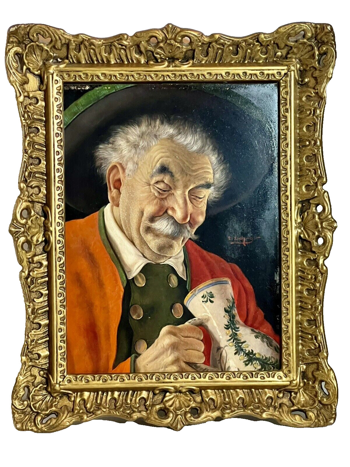 Erwin Eichinger Austrian Oil Painting Portrait Old Man w/Stein Signed Framed