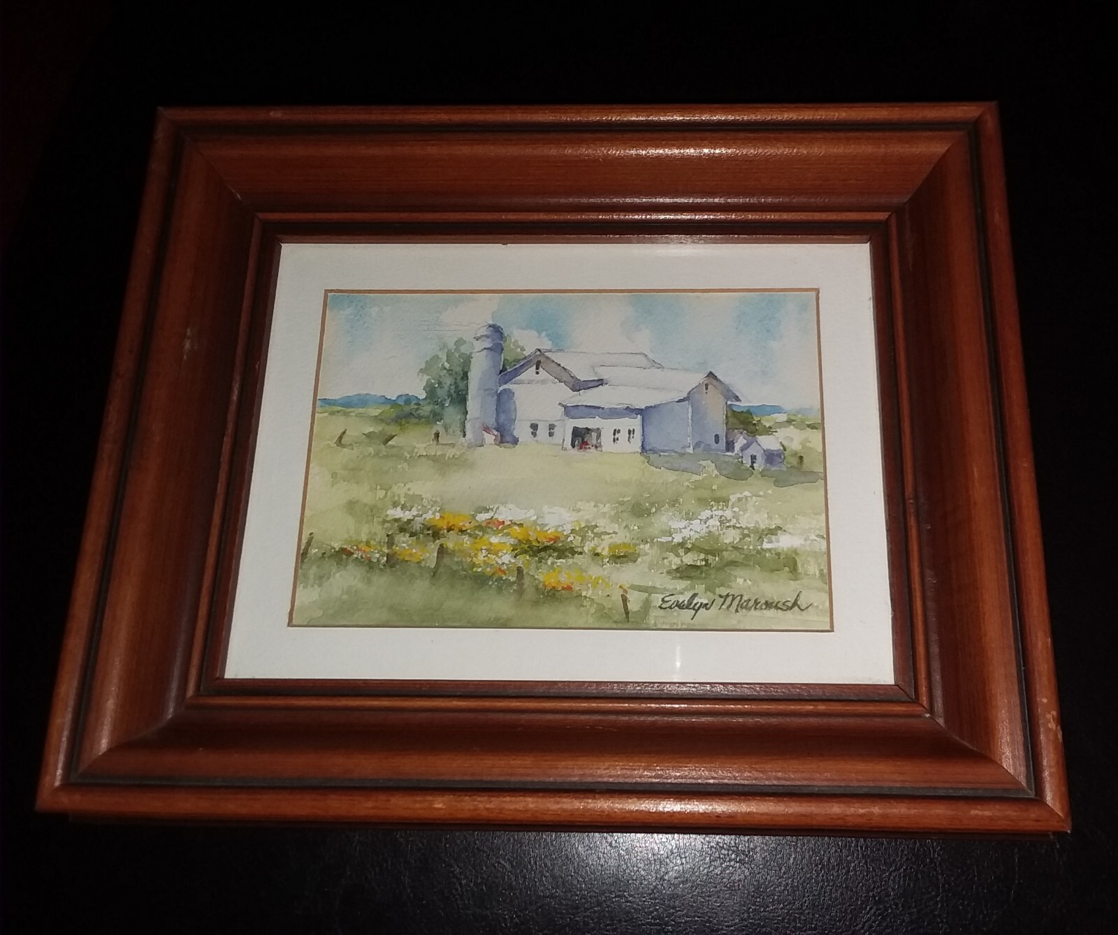 Beautiful Small Original Watercolor Painting Signed – Barn Silo Farm Scene