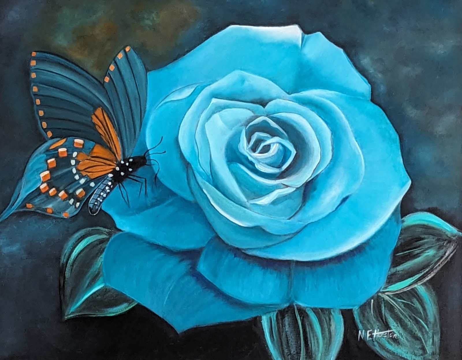 Original Oil Painting of Blue Rose Flowers with butterfly on canvas. 28″ x 22″