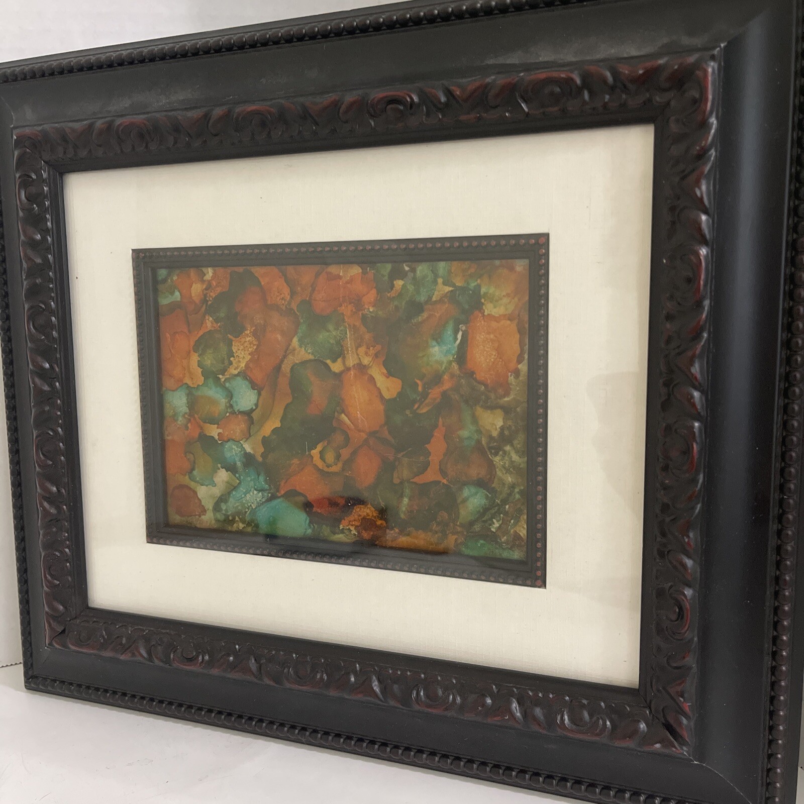 Abstract Reverse-Painted Glass Painting Liquid Pour Framed Art 12×14”