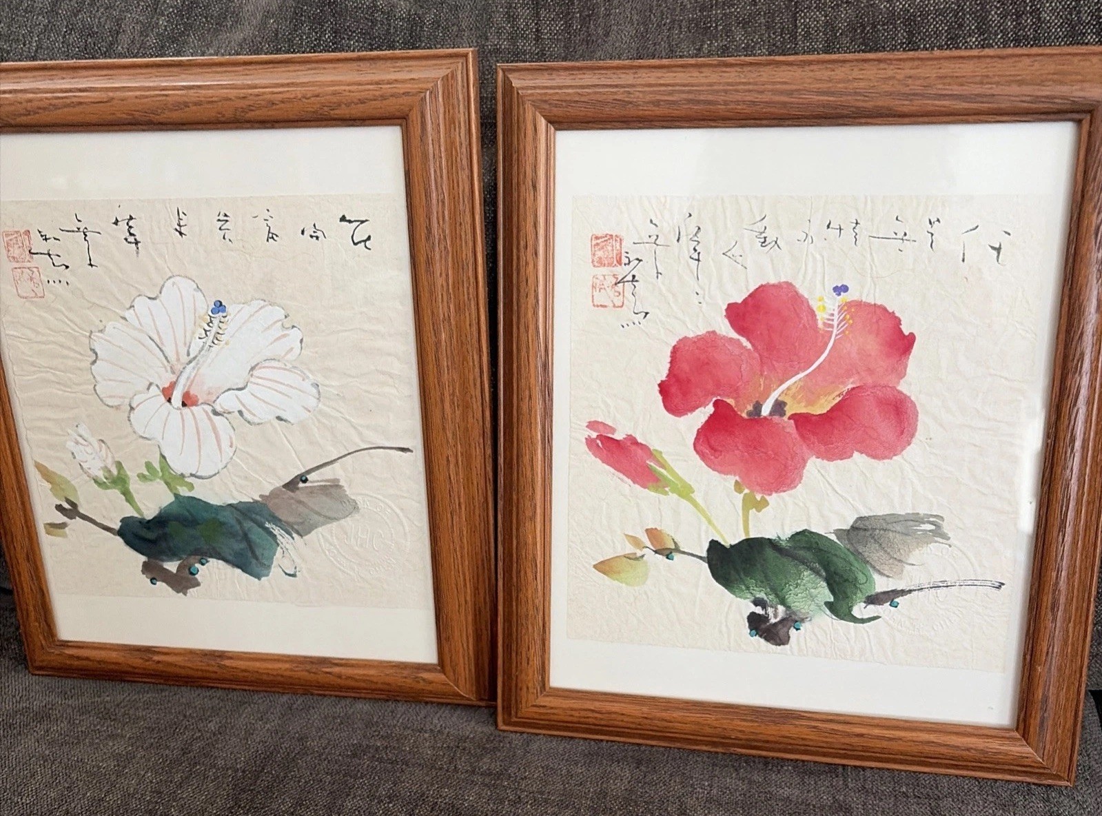 2 Signed Original Chinese Traditional Watercolors Hibiscus John H Chen Stamped