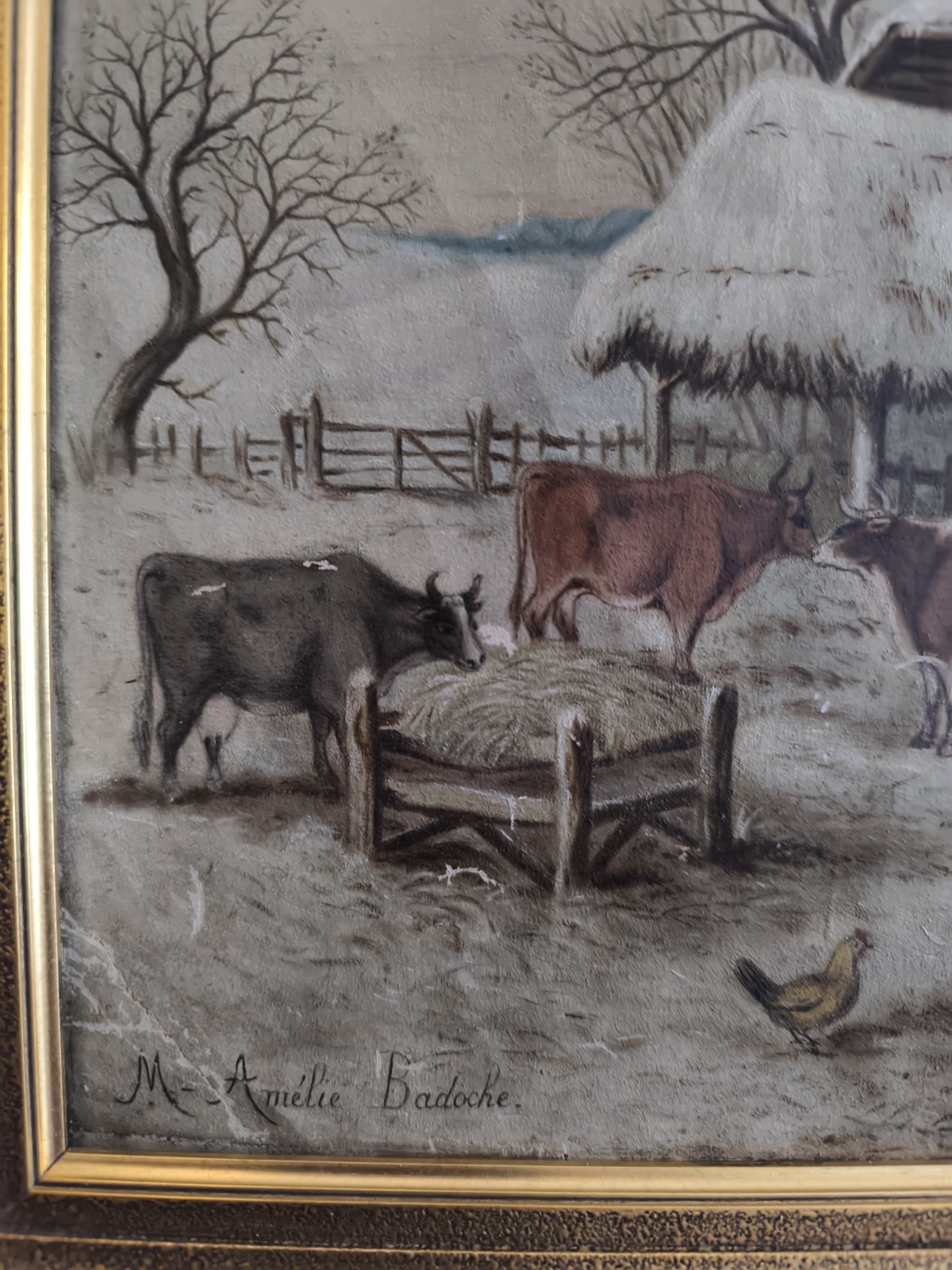 Painting Rustic Winter Soft Farm Cows Hens Vintage Charming Amelie Badoche