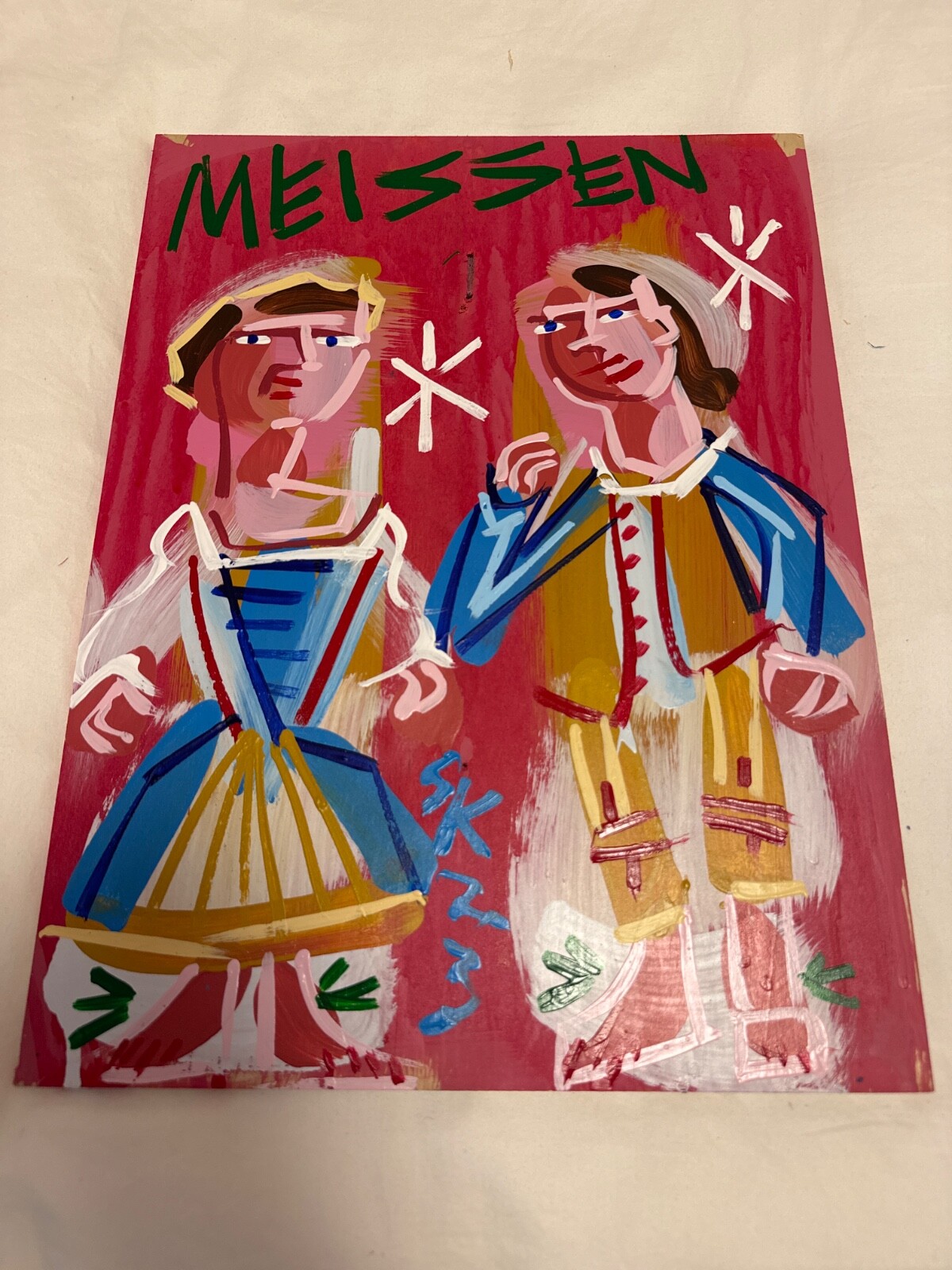 Steve Keene Original Painting – Meissen Porcelain-Inspired Folk Art – Signed SK2