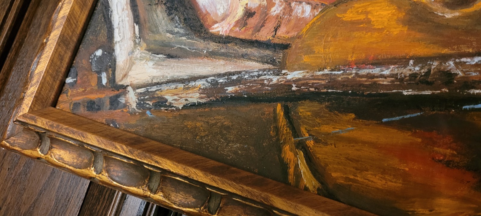 Original Signed Painting Violin Resting on Books, Scalloped Gilt Frame, Newlin