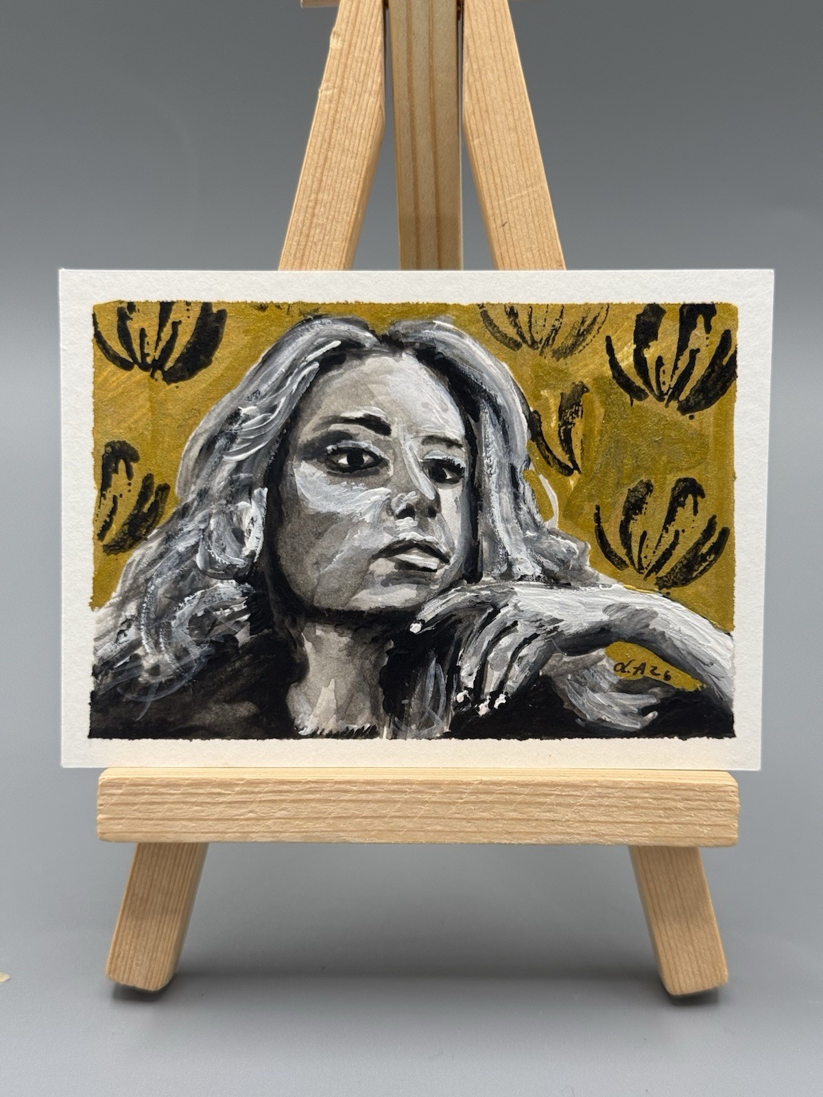 ACEO Original Artwork Painting Golden Noir Portrait 2.5×3.5 In Lynazn-67 Signed