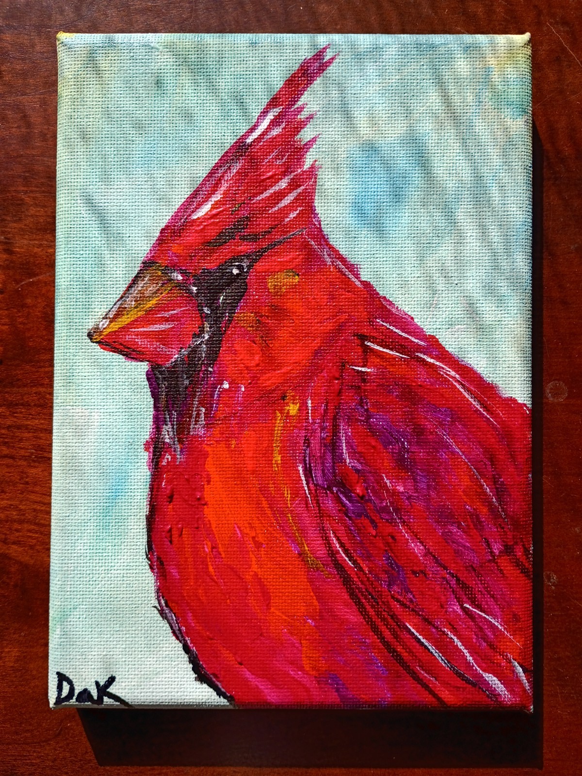 Red Bird 5×7 Canvas Original Art Expressionism Abstract Cardinal Animals Nature