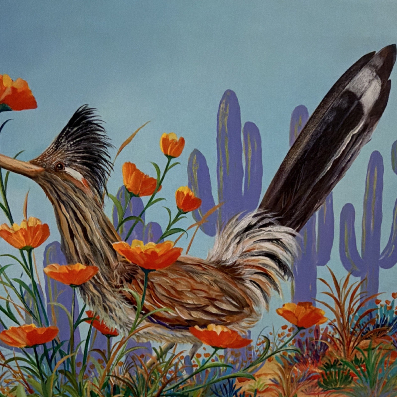 LamBird Roadrunner Desert Flowers Original Canvas Painting, 16×20, Nature Art