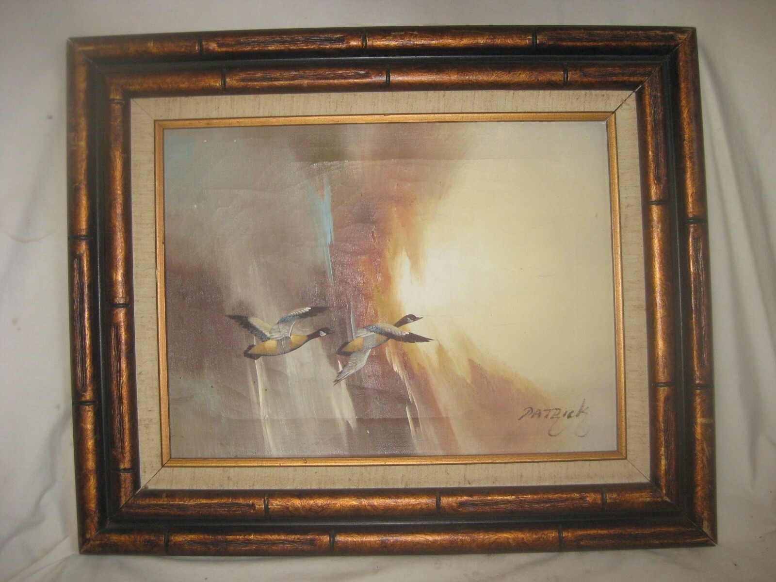 original signed Patrick framed painting geese duck flying nature scene wall art