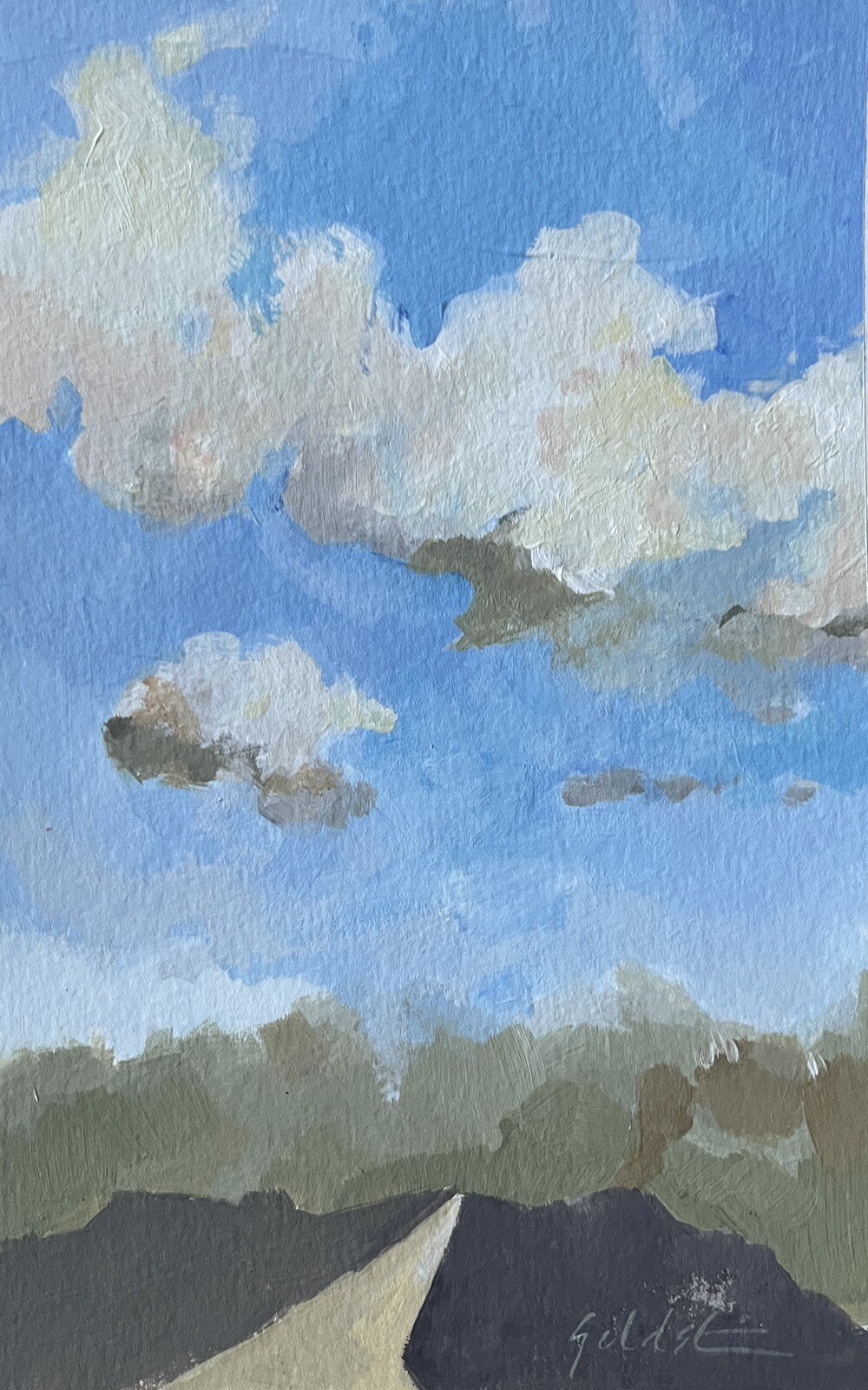 Original Cloud and Fields Landscape Painting on Watercolor Paper Signed Fine Art
