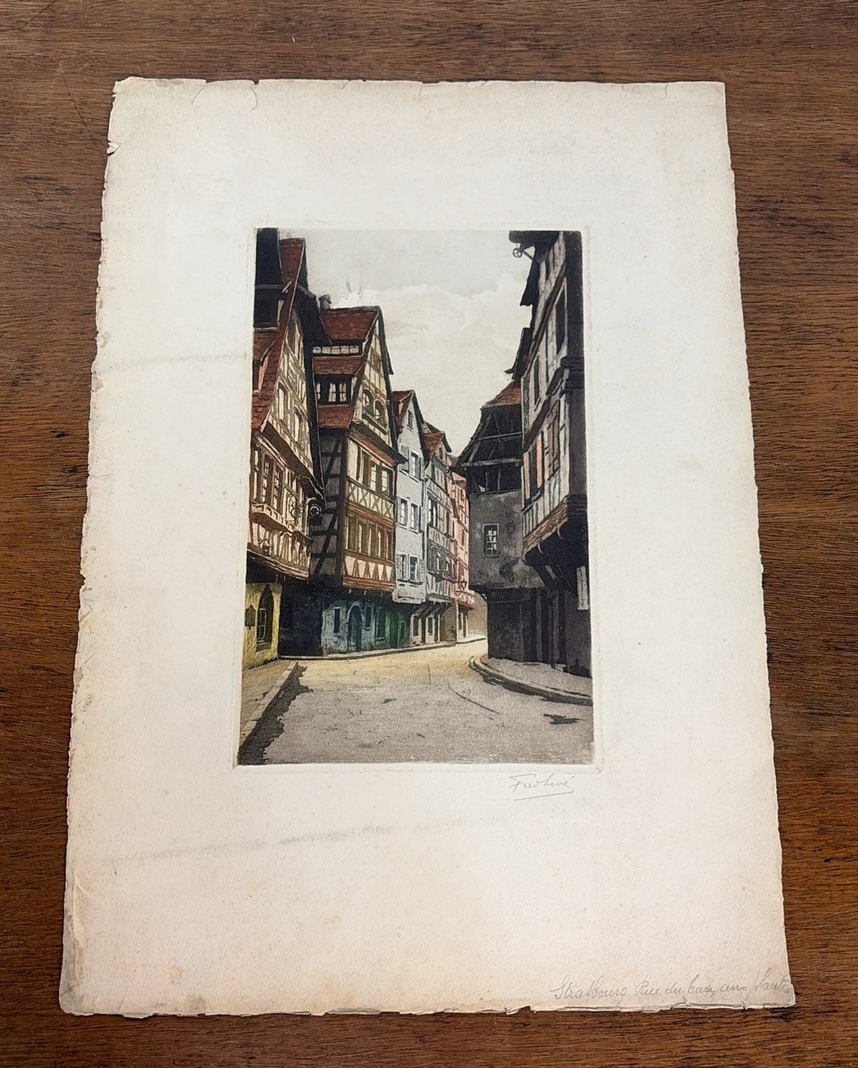 Hand-Colored Etching of Rue Du Bain Aux Strasbourg France by Frederic Louis Levé