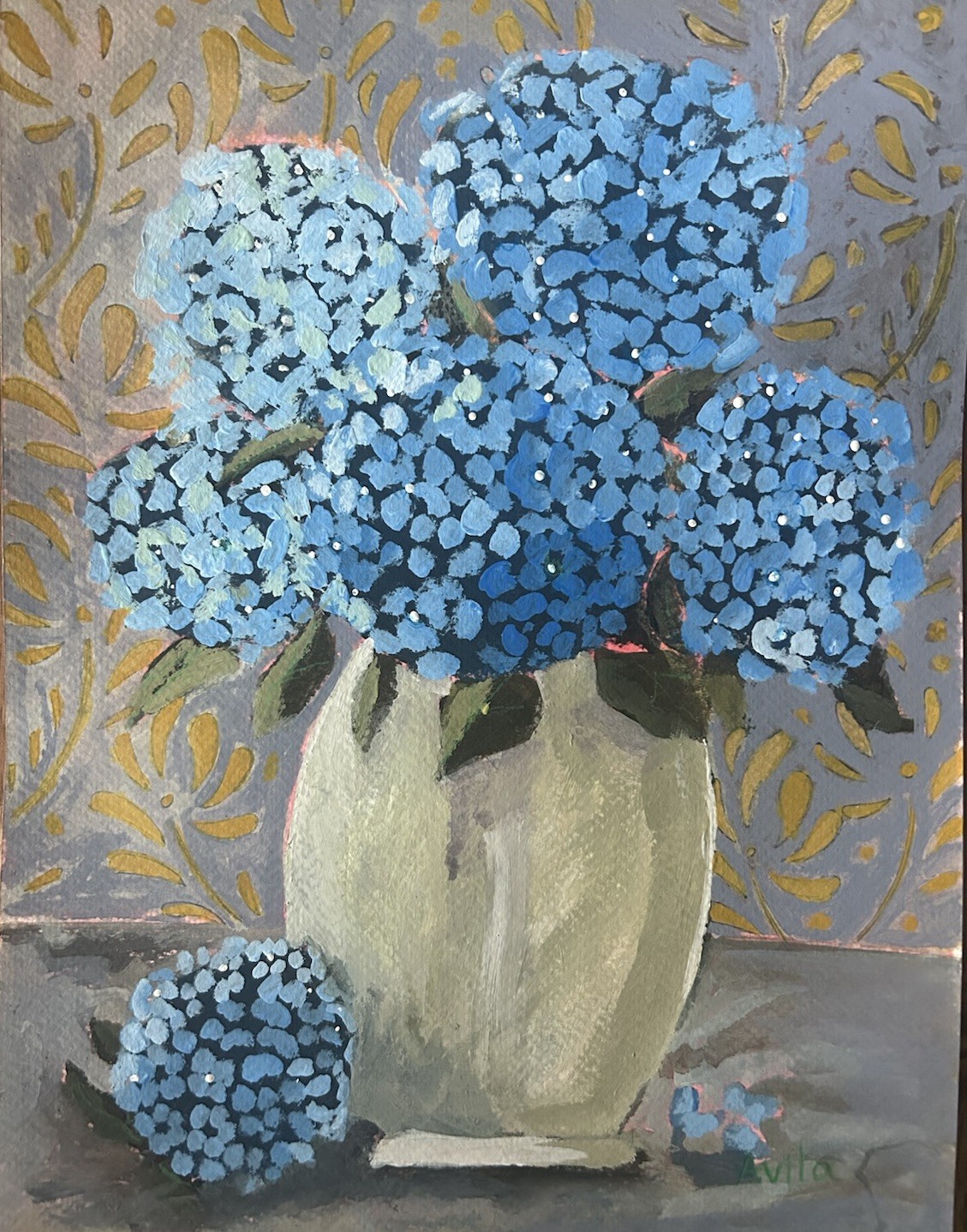 Original Blue Hydrangea Floral Painting On 9×12 140 Lb Paper