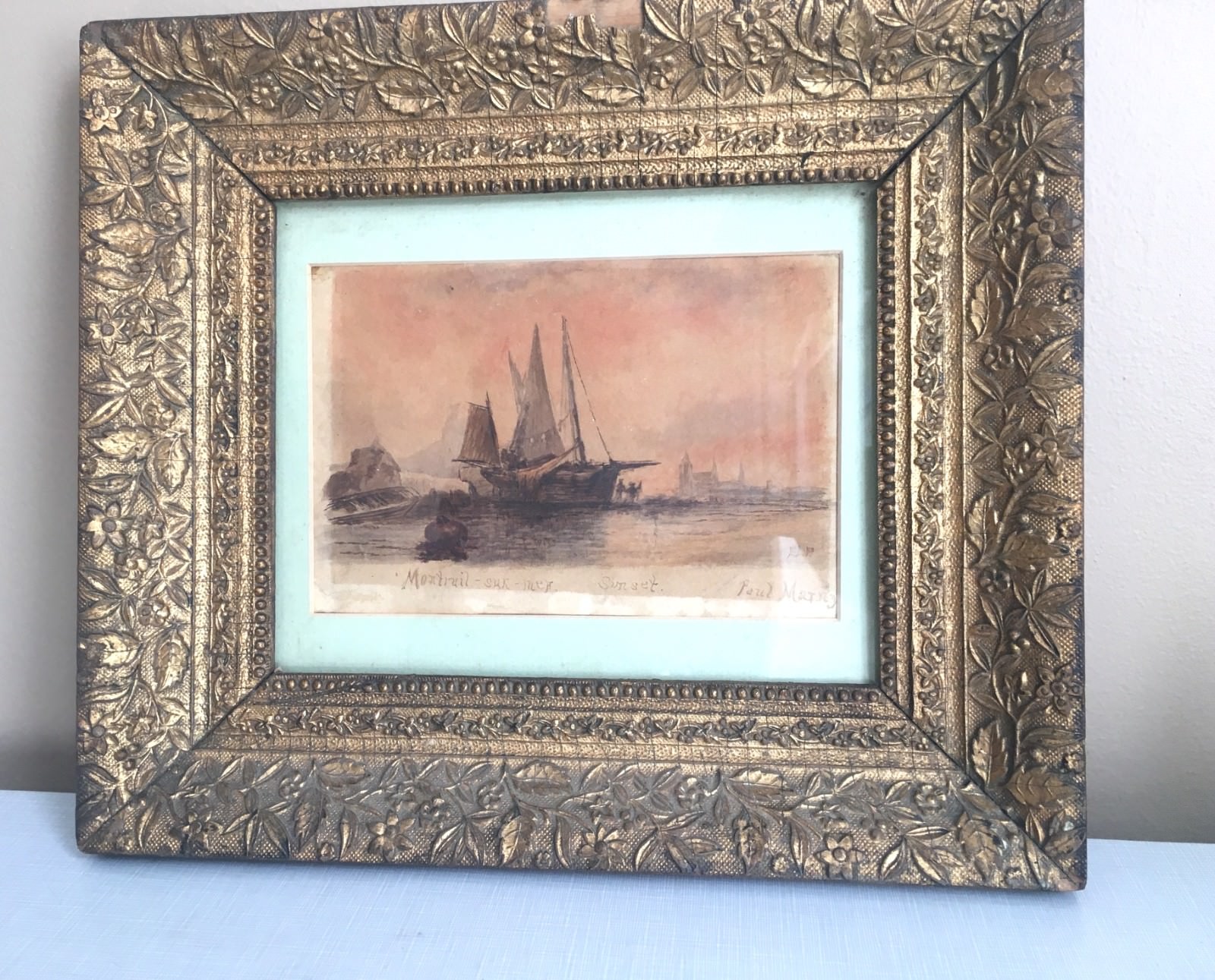 c1860 Signed Paul Marny Watercolor «Sun set» Antique Vtg Painting Listed Artist