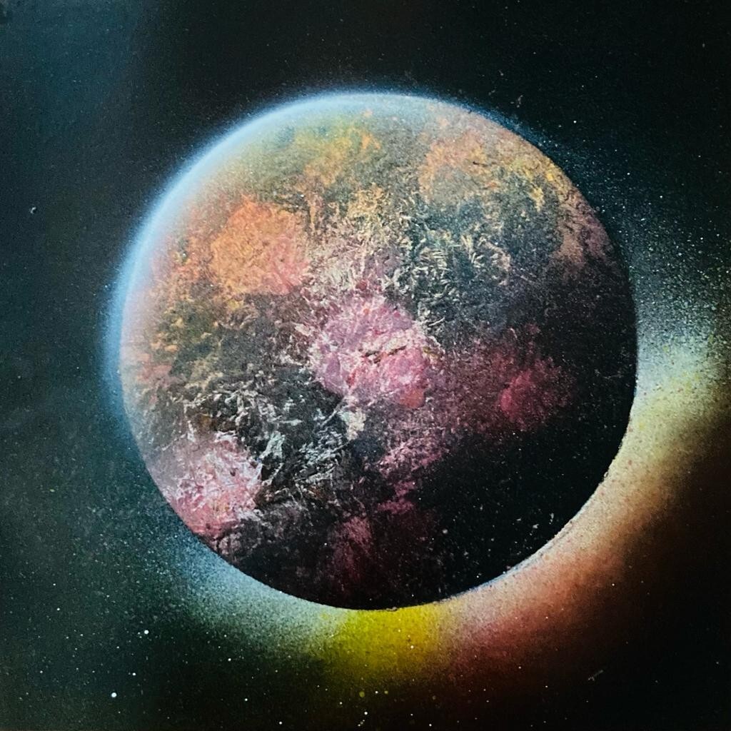 Crimson Ember Moon- Handcrafted Spray Painted Planet Art on Paper