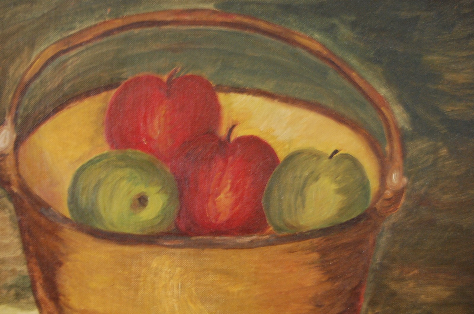 VTG 1950’S MCM FRAMED ORIGINAL PRIMITIVE FOLK ART OIL APPLES & POT A STILL LIFE