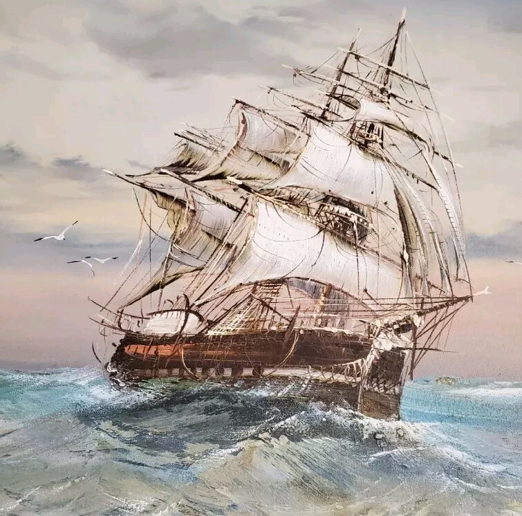 Vintage Signed Baille Seascape Oil Painting Tall Ship Nautical Framed