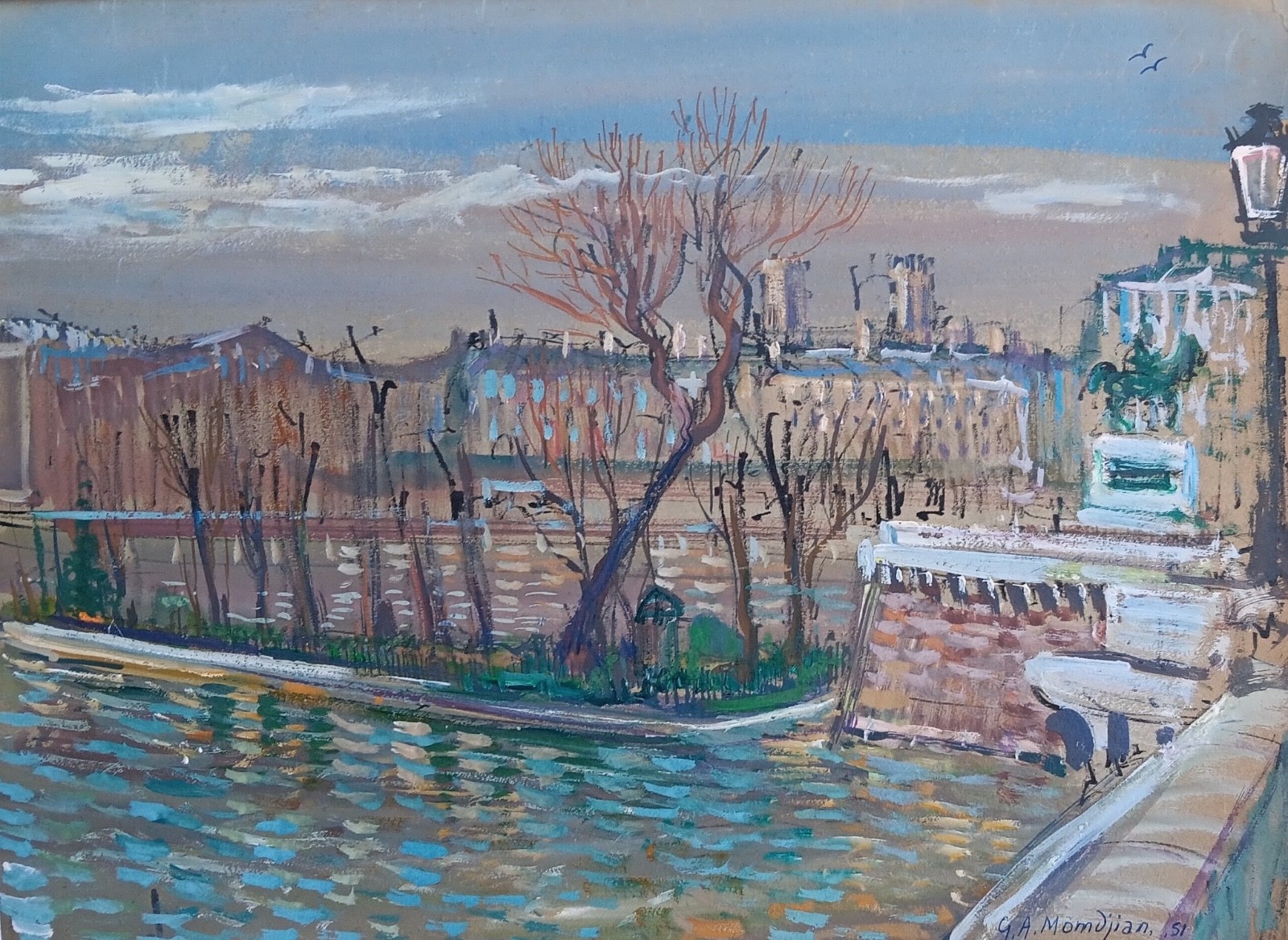 Paris Suburb/Gouache Painting 1991/GARABED MOMDJIAN(1922-2006),Armenian-French